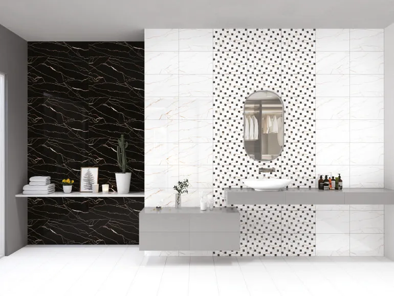 Black Marble and SPB Golden Veins, Marble Bathroom Design with Countertop Sink